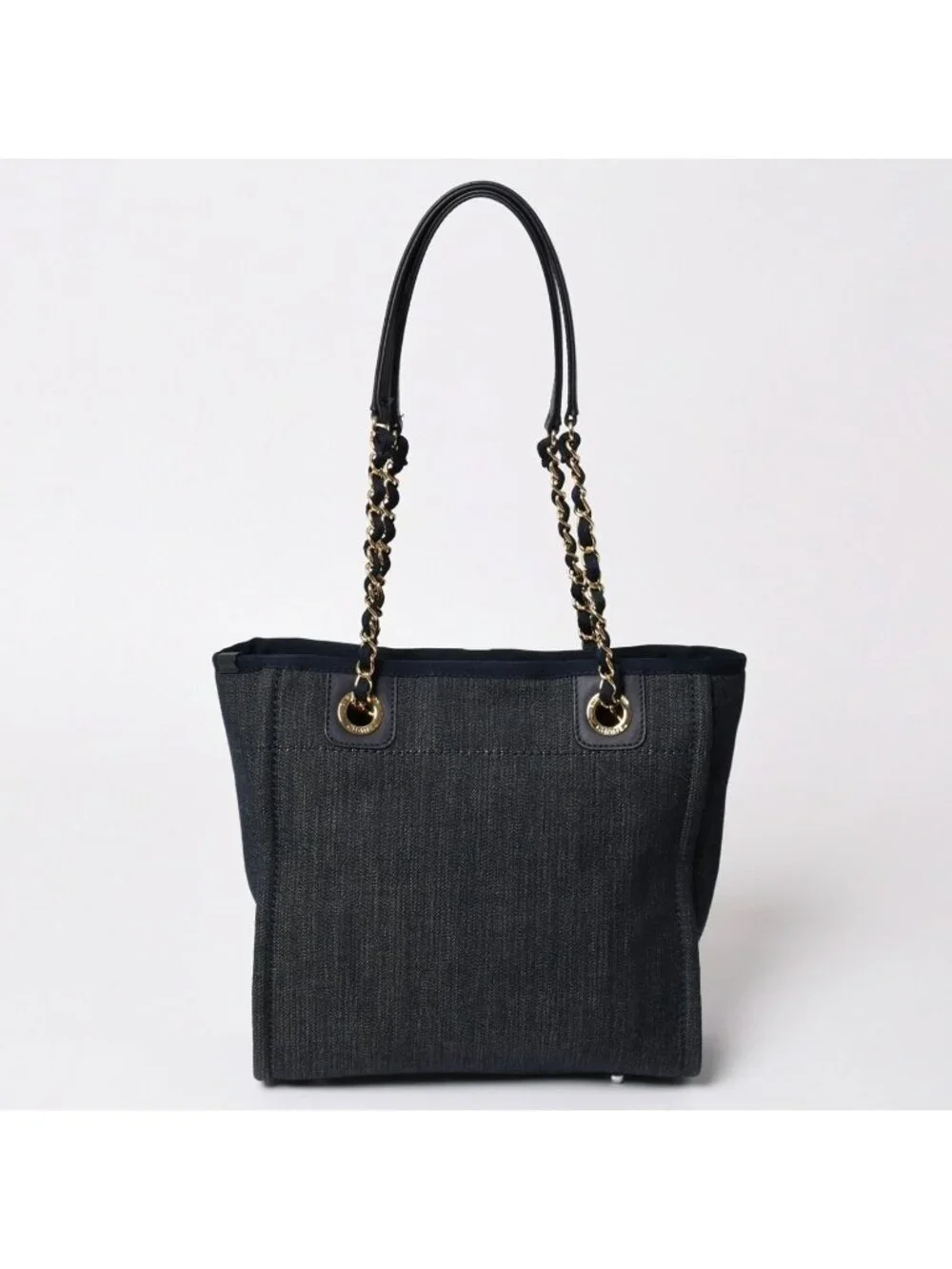 Chanel Deauville PM Chain Tote Shoulder Bag Denim Canvas CC Logo Navy Gold